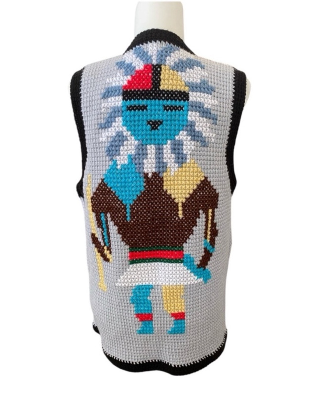 Handmade Vintage Crochet Native American Print Vest Kachina Thunderbird